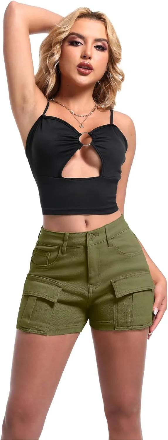 ELLEVEN High-Stretch Women's Cargo Jean Shorts, Trendy High-Waisted Cotton Denim Shorts with Pockets, Y2K Mini Denim Shorts