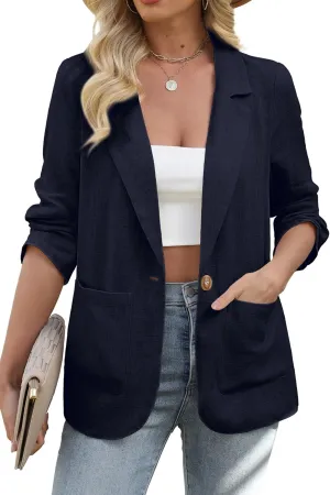 ELLEVEN Womens Linen Blazer Casual Long Sleeve Lightweight One Button Jackets Spring Summer Suit