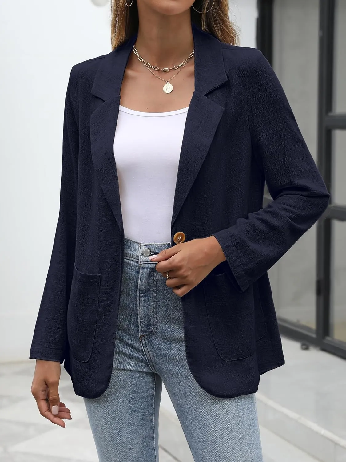 ELLEVEN Womens Linen Blazer Casual Long Sleeve Lightweight One Button Jackets Spring Summer Suit