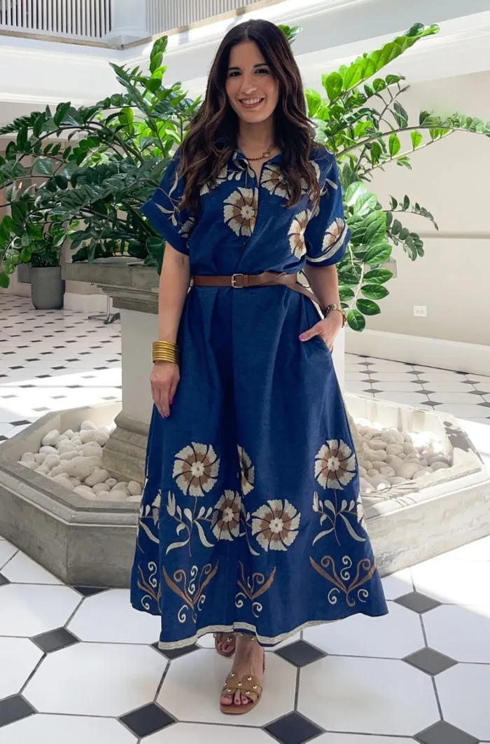 Embroidered Flowers Denim Dress - ONE SIZE