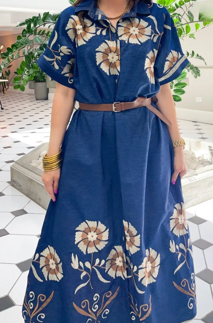 Embroidered Flowers Denim Dress - ONE SIZE