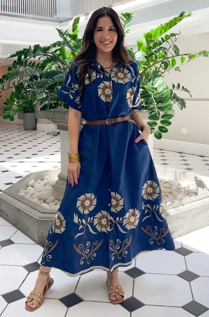 Embroidered Flowers Denim Dress - ONE SIZE