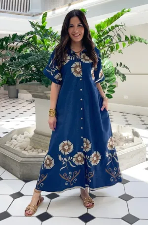 Embroidered Flowers Denim Dress - ONE SIZE