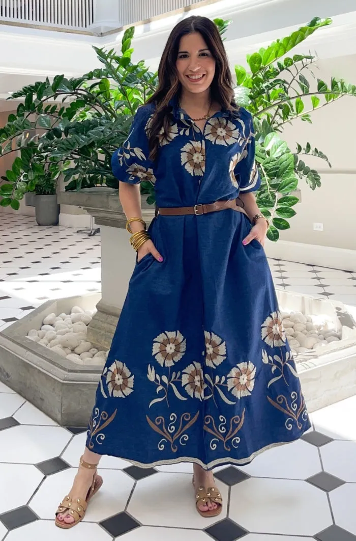 Embroidered Flowers Denim Dress - ONE SIZE