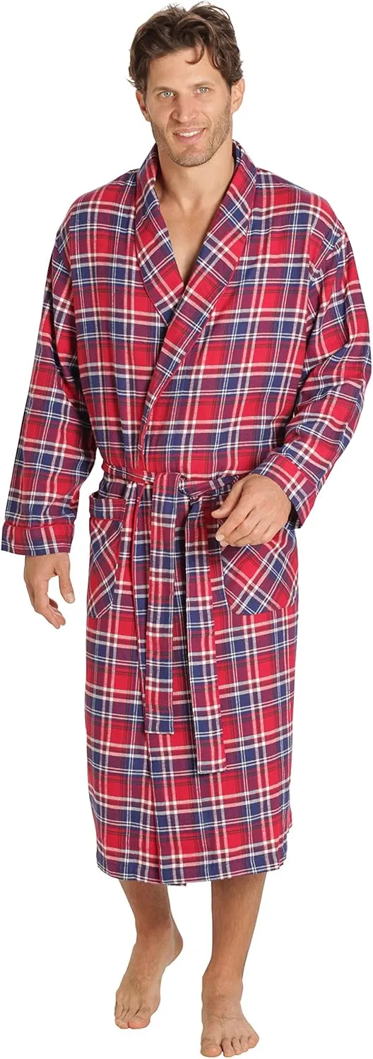 EVERDREAM Mens Flannel Robe, Shawl Collar Lightweight 100% Cotton Bathrobe