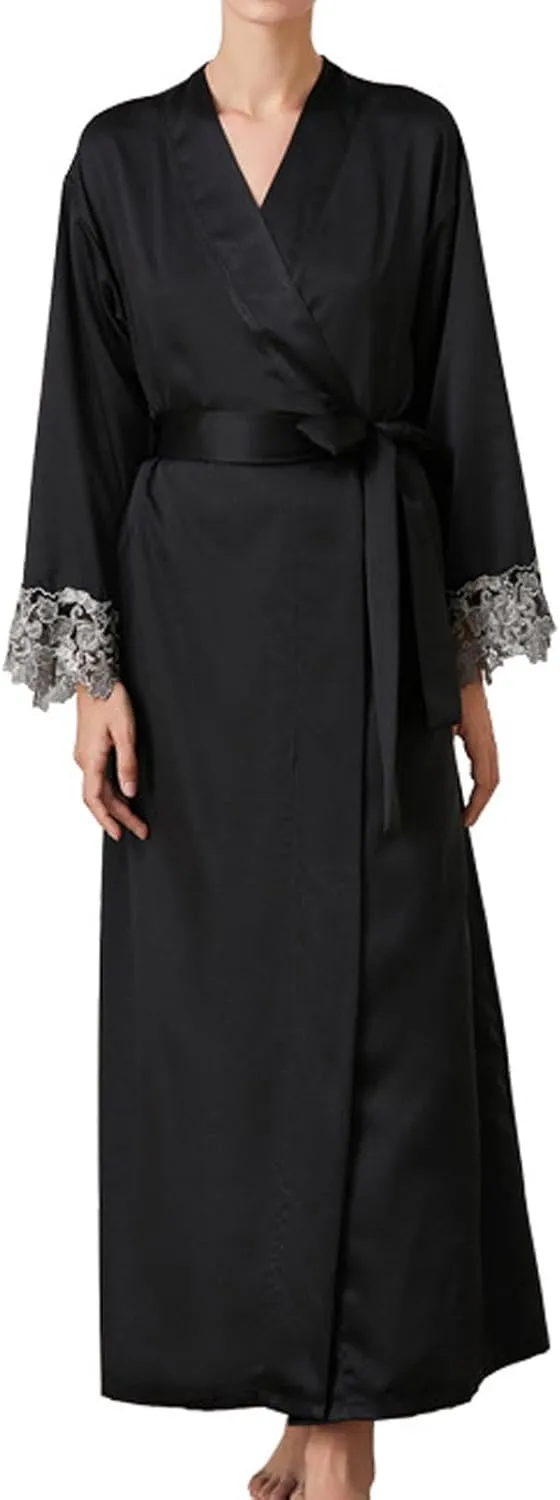 Faux Silk Pajamas Robe Women's Lace Bathrobe Long Sleeve Sleepwear Solid Color Nightgowns Soft Full Length Nightwear