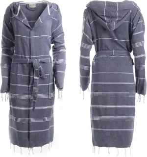 Fe&Ze Linen Turkish Hooded Bathrobe - Traditional Collection - 100% Cotton Unisex Kimono Robe