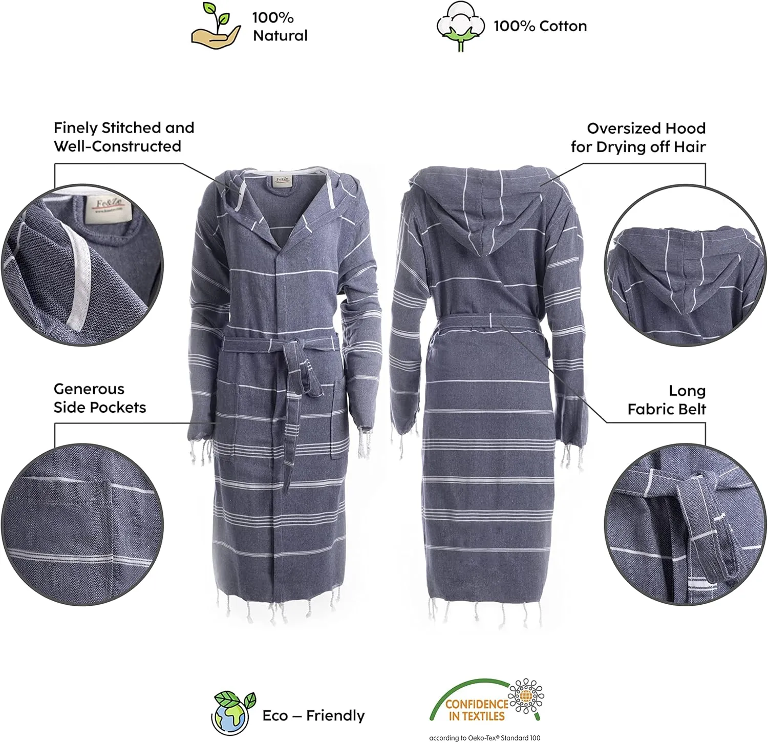 Fe&Ze Linen Turkish Hooded Bathrobe - Traditional Collection - 100% Cotton Unisex Kimono Robe