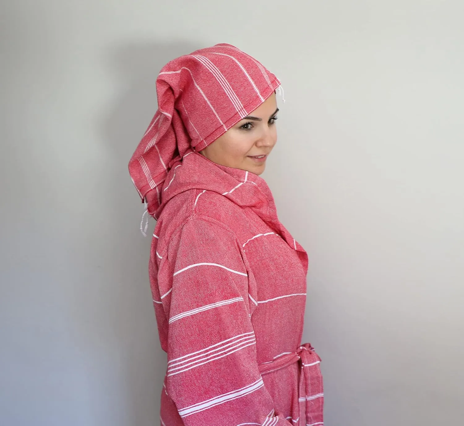 Fe&Ze Linen Turkish Hooded Bathrobe - Traditional Collection - 100% Cotton Unisex Kimono Robe