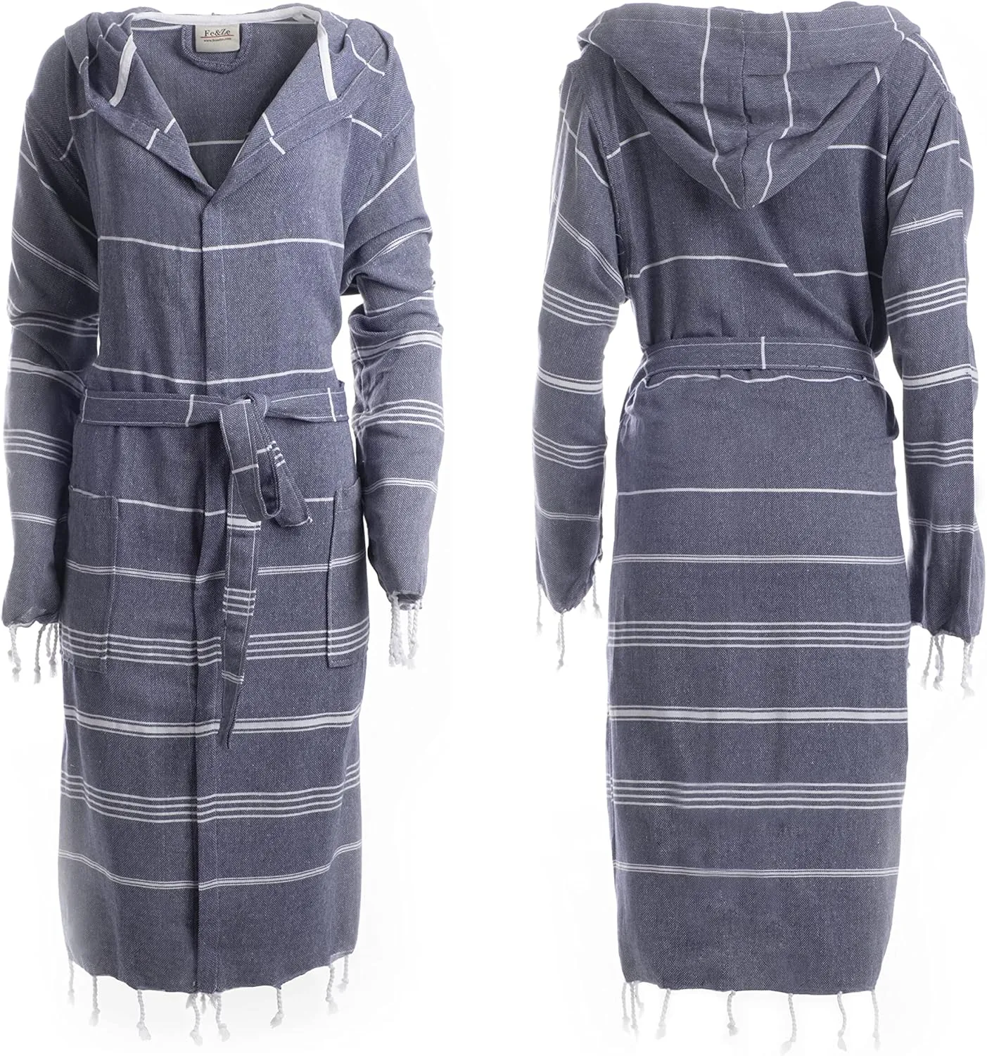 Fe&Ze Linen Turkish Hooded Bathrobe - Traditional Collection - 100% Cotton Unisex Kimono Robe