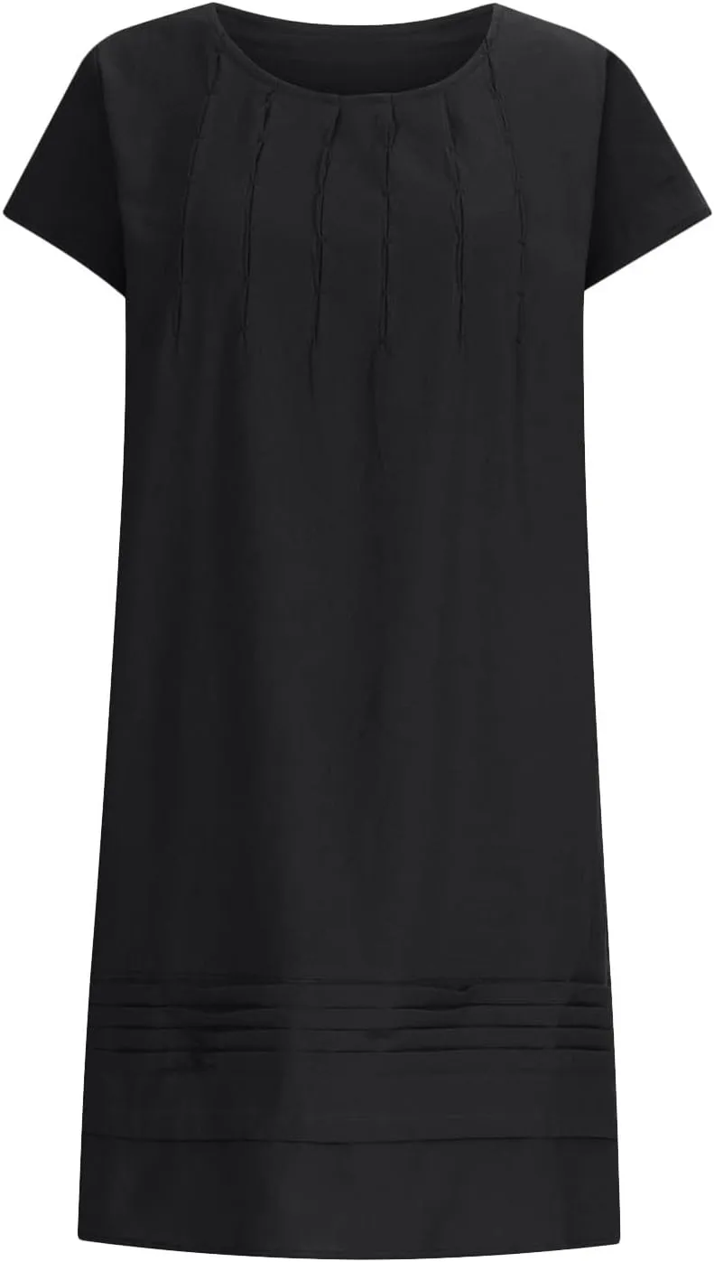 Finelylove Womens Casual Summer Cotton Linen Dresses Midi Flowy Beach Dress Short Sleeve Ruffled Shift Dress Loose Sundress