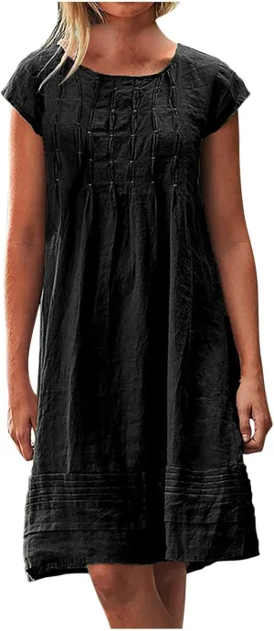 Finelylove Womens Casual Summer Cotton Linen Dresses Midi Flowy Beach Dress Short Sleeve Ruffled Shift Dress Loose Sundress