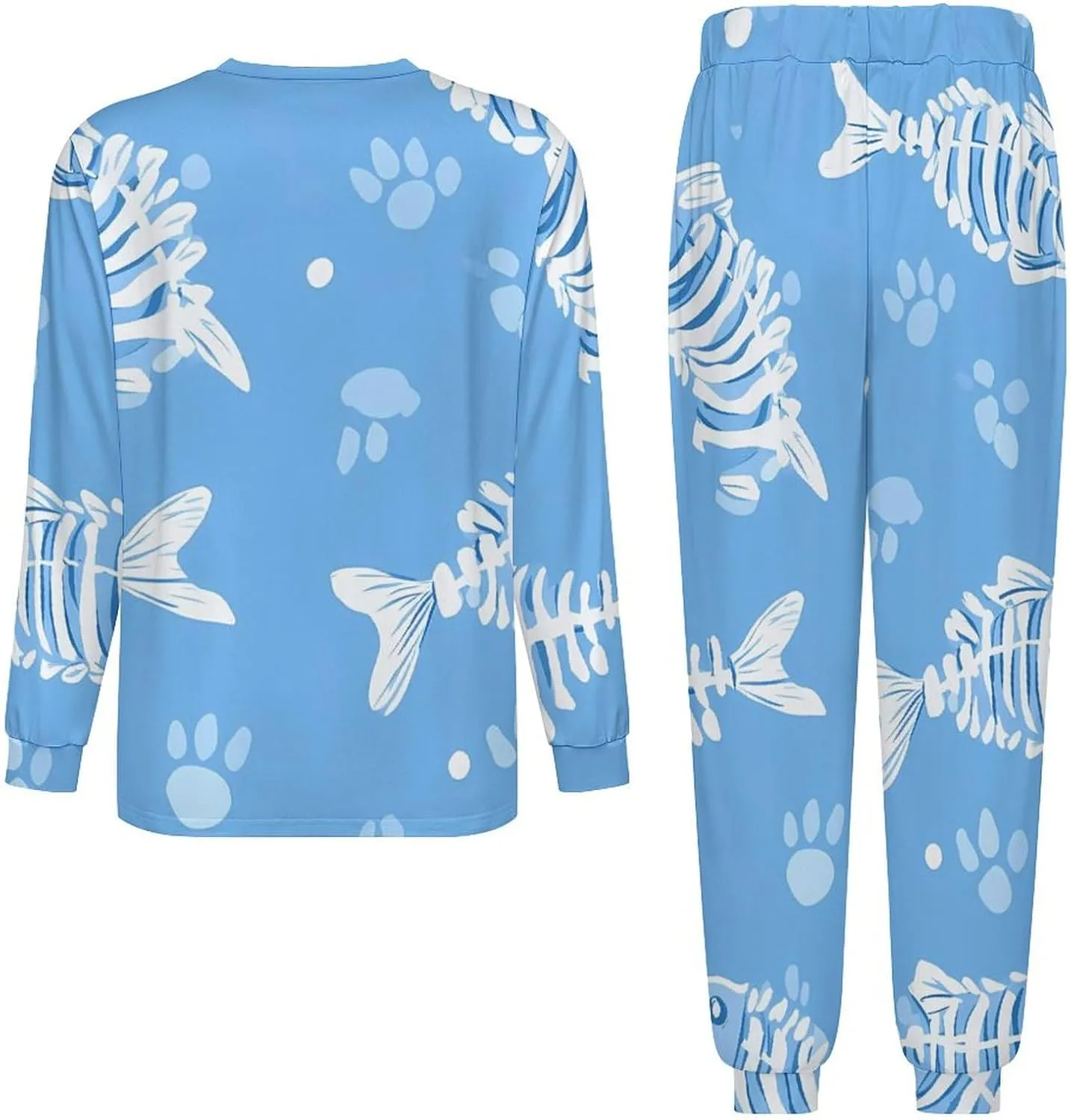 Fish Bones And Paw Prints Soft Mens Pajamas Set Round Neck Pullover Long Sleeve And Pants Loungewear 2 Piece Pjs Set