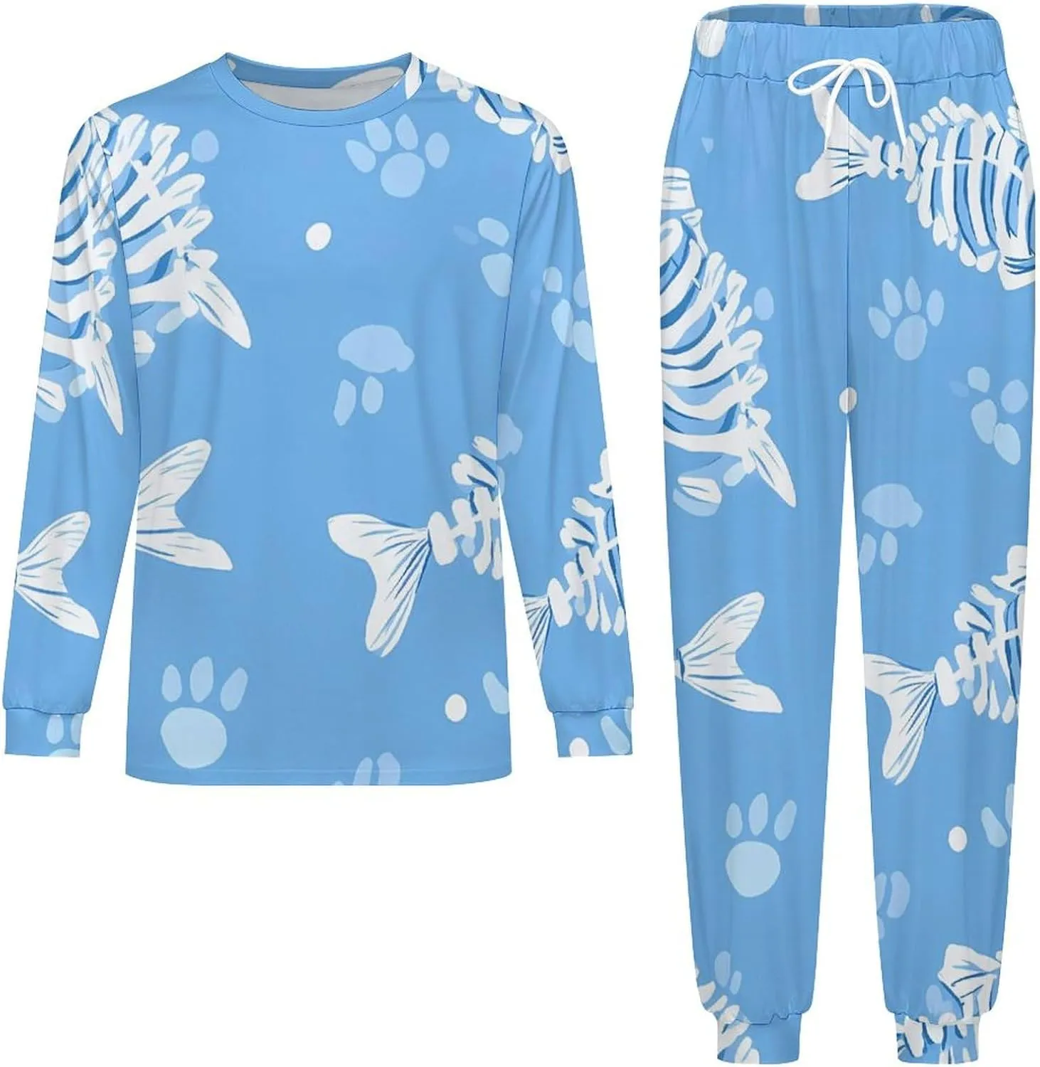 Fish Bones And Paw Prints Soft Mens Pajamas Set Round Neck Pullover Long Sleeve And Pants Loungewear 2 Piece Pjs Set