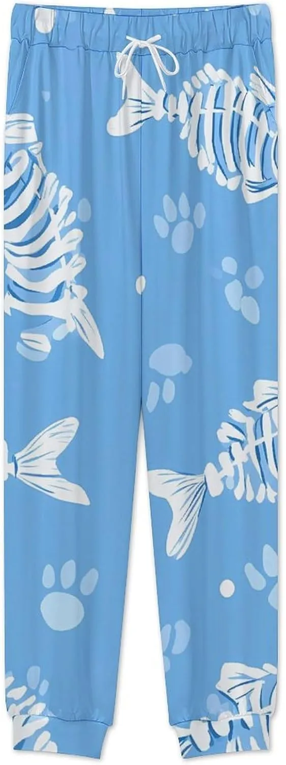 Fish Bones And Paw Prints Soft Mens Pajamas Set Round Neck Pullover Long Sleeve And Pants Loungewear 2 Piece Pjs Set