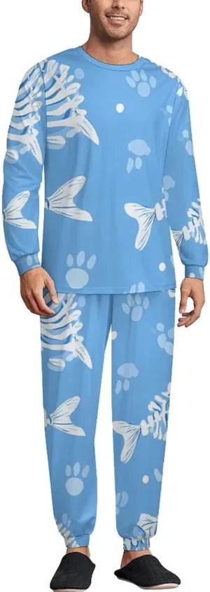 Fish Bones And Paw Prints Soft Mens Pajamas Set Round Neck Pullover Long Sleeve And Pants Loungewear 2 Piece Pjs Set