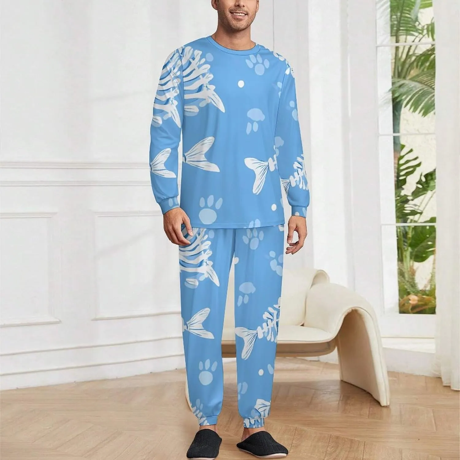 Fish Bones And Paw Prints Soft Mens Pajamas Set Round Neck Pullover Long Sleeve And Pants Loungewear 2 Piece Pjs Set
