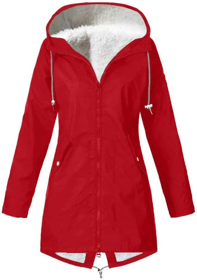 Fleece Lined Long Rain Jacket Women Lightweight Raincoat Waterproof Windbreaker Climbing Outdoor Hooded Trench Coats
