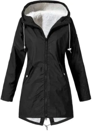Fleece Lined Long Rain Jacket Women Lightweight Raincoat Waterproof Windbreaker Climbing Outdoor Hooded Trench Coats