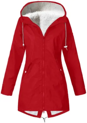 Fleece Lined Long Rain Jacket Women Lightweight Raincoat Waterproof Windbreaker Climbing Outdoor Hooded Trench Coats