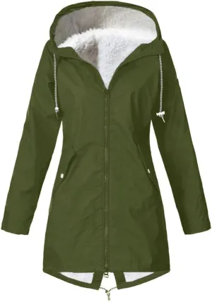 Fleece Lined Long Rain Jacket Women Lightweight Raincoat Waterproof Windbreaker Climbing Outdoor Hooded Trench Coats