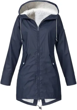 Fleece Lined Long Rain Jacket Women Lightweight Raincoat Waterproof Windbreaker Climbing Outdoor Hooded Trench Coats