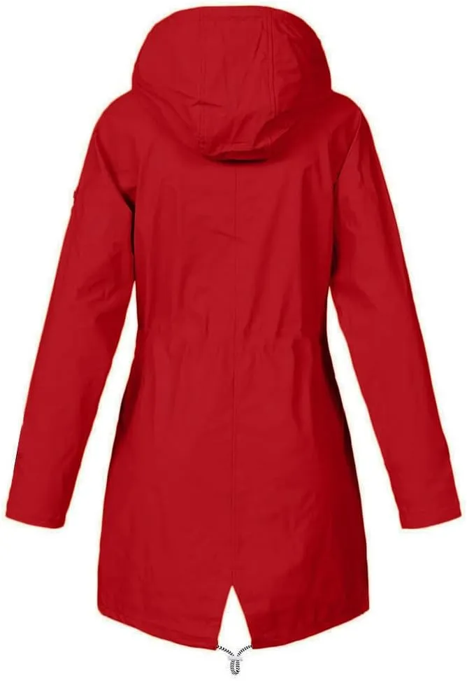 Fleece Lined Long Rain Jacket Women Lightweight Raincoat Waterproof Windbreaker Climbing Outdoor Hooded Trench Coats