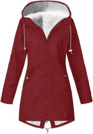 Fleece Lined Long Rain Jacket Women Lightweight Raincoat Waterproof Windbreaker Climbing Outdoor Hooded Trench Coats