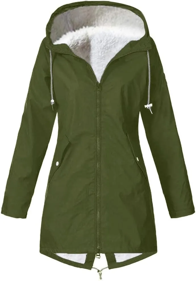 Fleece Lined Long Rain Jacket Women Lightweight Raincoat Waterproof Windbreaker Climbing Outdoor Hooded Trench Coats