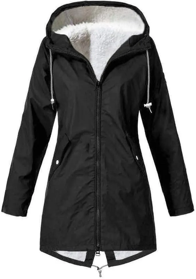 Fleece Lined Long Rain Jacket Women Lightweight Raincoat Waterproof Windbreaker Climbing Outdoor Hooded Trench Coats