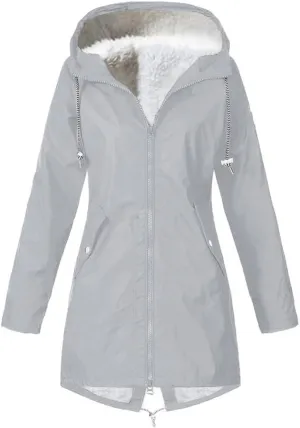 Fleece Lined Long Rain Jacket Women Lightweight Raincoat Waterproof Windbreaker Climbing Outdoor Hooded Trench Coats