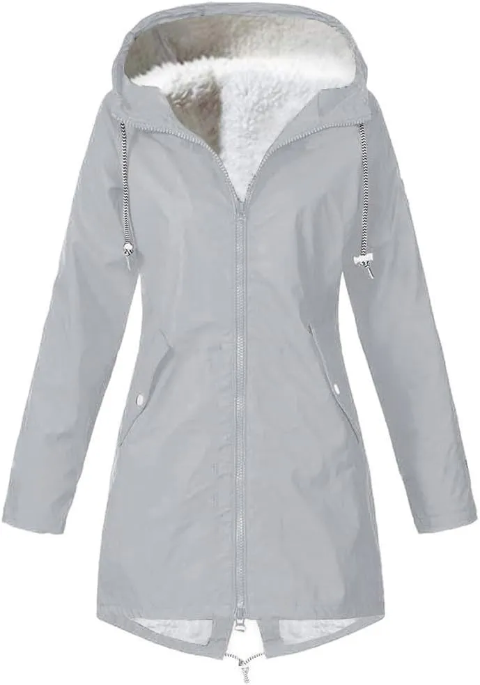 Fleece Lined Long Rain Jacket Women Lightweight Raincoat Waterproof Windbreaker Climbing Outdoor Hooded Trench Coats
