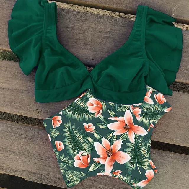 Floral Ruffled Hem Bikini Set Women Flora V-neck High-waisted Two Piece Swimsuit 2020 Girl Beach Bathing Suit Swimwear Biquinis