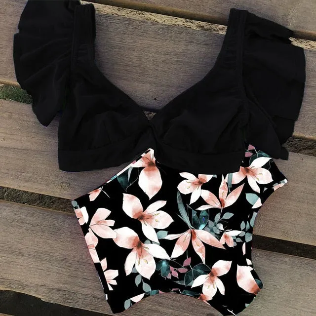 Floral Ruffled Hem Bikini Set Women Flora V-neck High-waisted Two Piece Swimsuit 2020 Girl Beach Bathing Suit Swimwear Biquinis