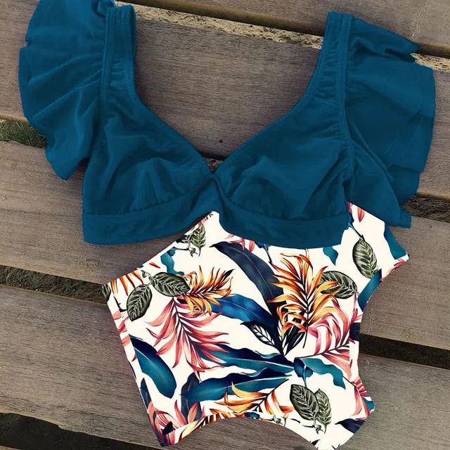 Floral Ruffled Hem Bikini Set Women Flora V-neck High-waisted Two Piece Swimsuit 2020 Girl Beach Bathing Suit Swimwear Biquinis