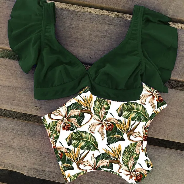 Floral Ruffled Hem Bikini Set Women Flora V-neck High-waisted Two Piece Swimsuit 2020 Girl Beach Bathing Suit Swimwear Biquinis