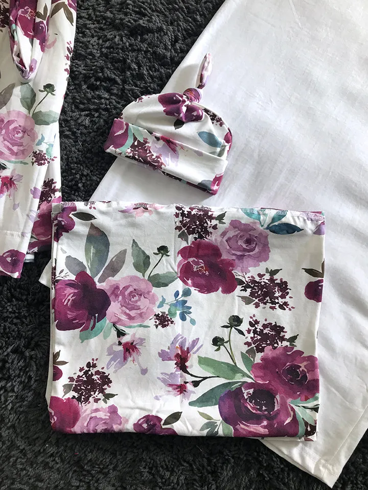 Floral-Themed Matching Maternity Family Outfit Set  Robe, Swaddle, Hat, Dad Tee & Big Sibling Shirt