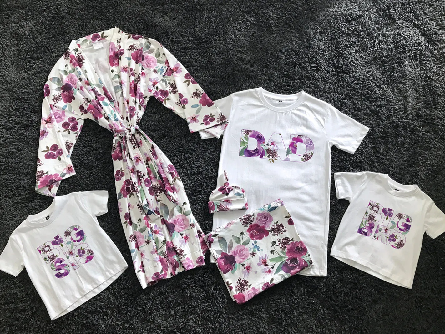 Floral-Themed Matching Maternity Family Outfit Set  Robe, Swaddle, Hat, Dad Tee & Big Sibling Shirt