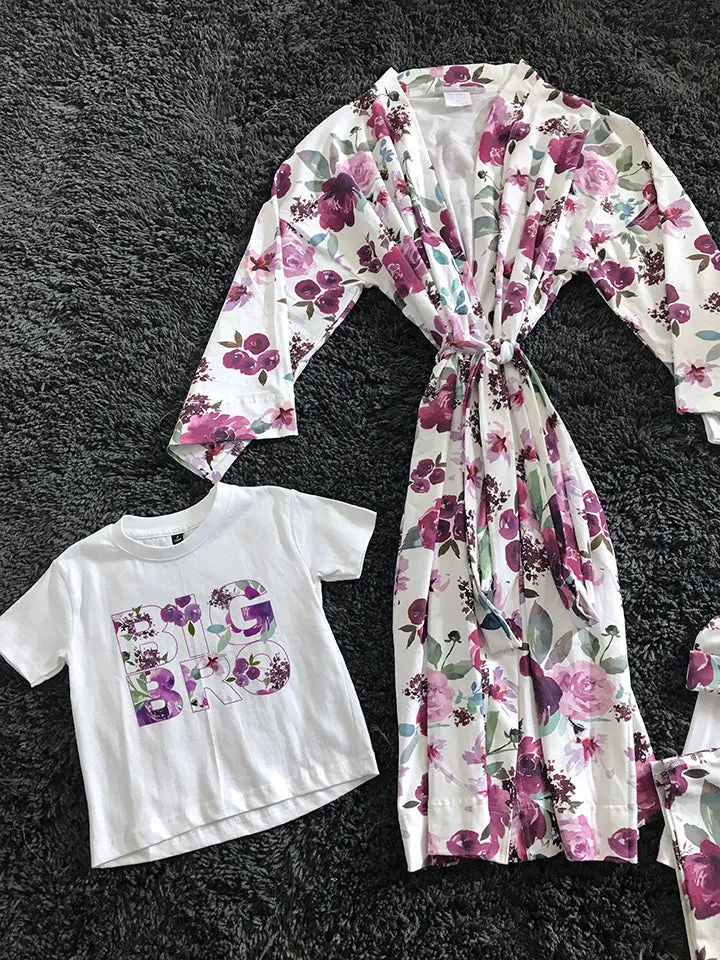 Floral-Themed Matching Maternity Family Outfit Set  Robe, Swaddle, Hat, Dad Tee & Big Sibling Shirt