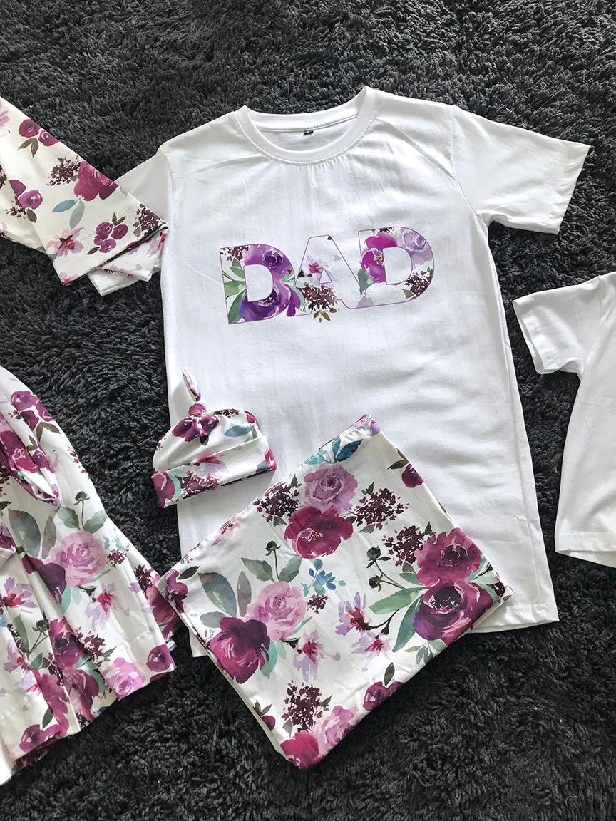 Floral-Themed Matching Maternity Family Outfit Set  Robe, Swaddle, Hat, Dad Tee & Big Sibling Shirt