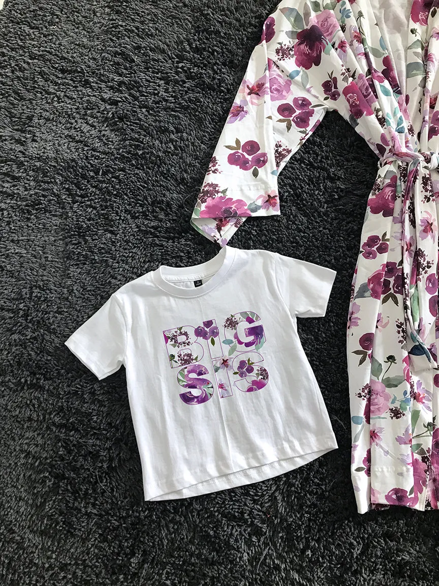 Floral-Themed Matching Maternity Family Outfit Set  Robe, Swaddle, Hat, Dad Tee & Big Sibling Shirt