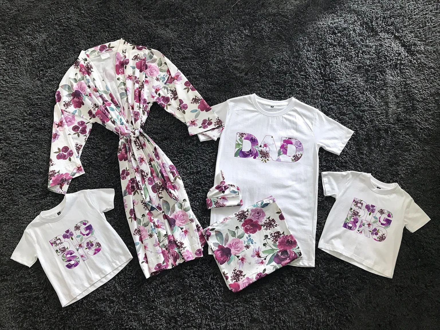 Floral-Themed Matching Maternity Family Outfit Set  Robe, Swaddle, Hat, Dad Tee & Big Sibling Shirt