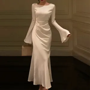 Flytonn- Bell Sleeve Ruched Satin Mermaid Dress