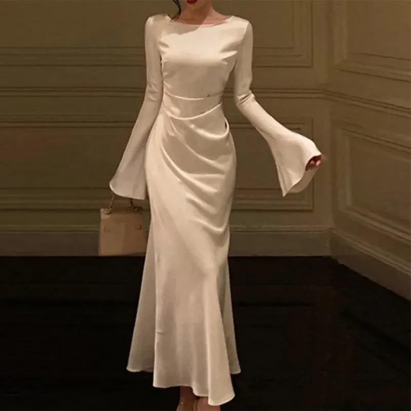 Flytonn- Bell Sleeve Ruched Satin Mermaid Dress