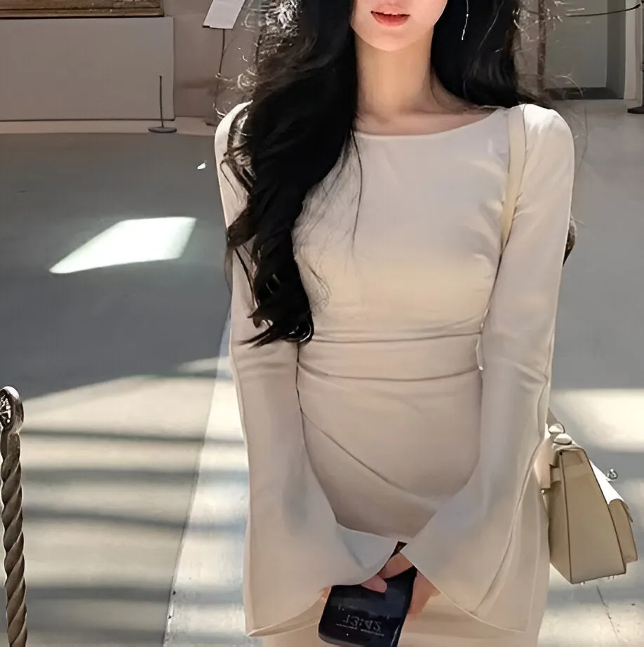 Flytonn- Bell Sleeve Ruched Satin Mermaid Dress