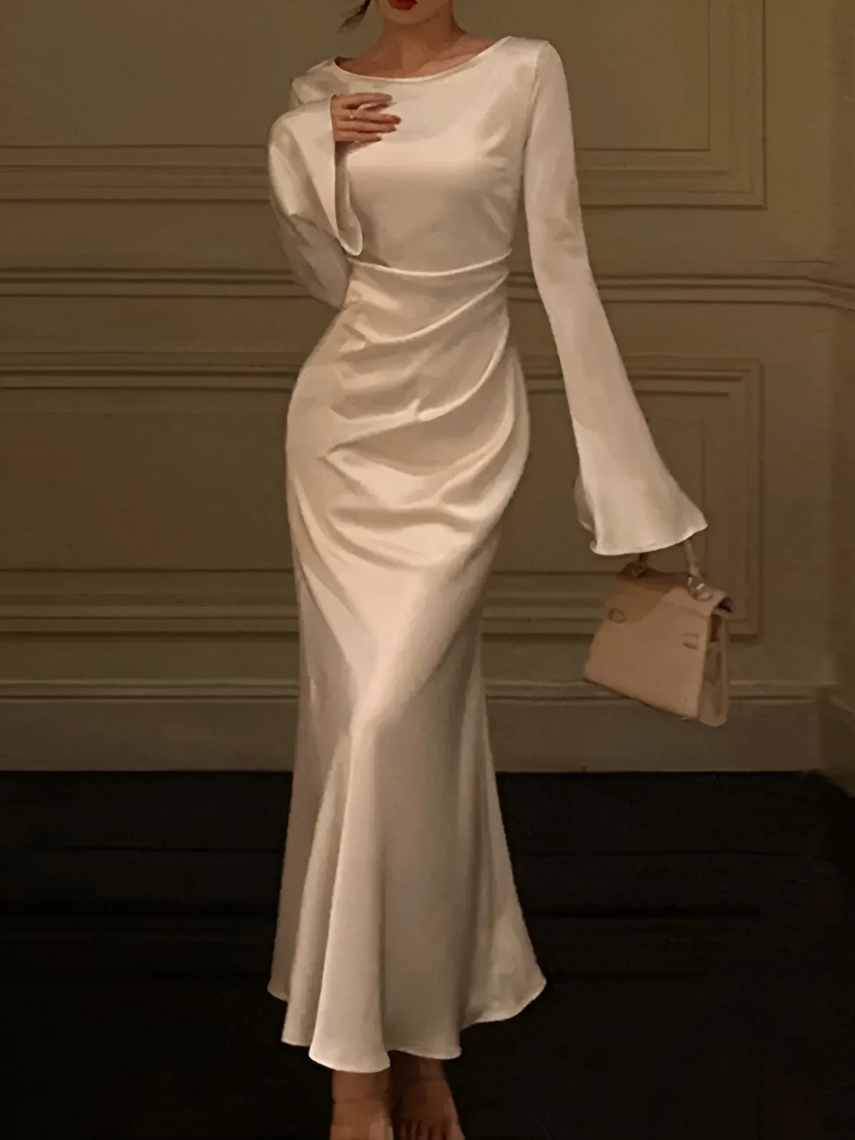 Flytonn- Bell Sleeve Ruched Satin Mermaid Dress