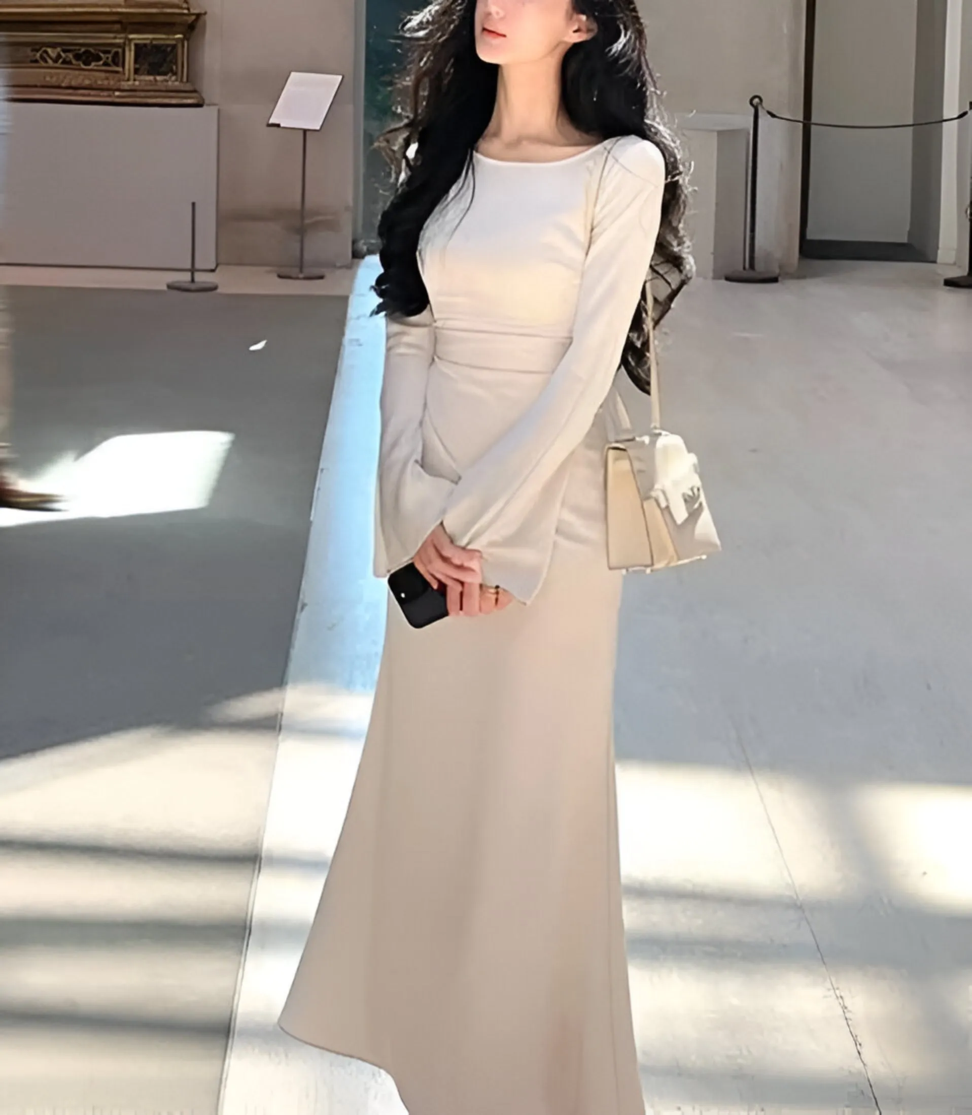 Flytonn- Bell Sleeve Ruched Satin Mermaid Dress