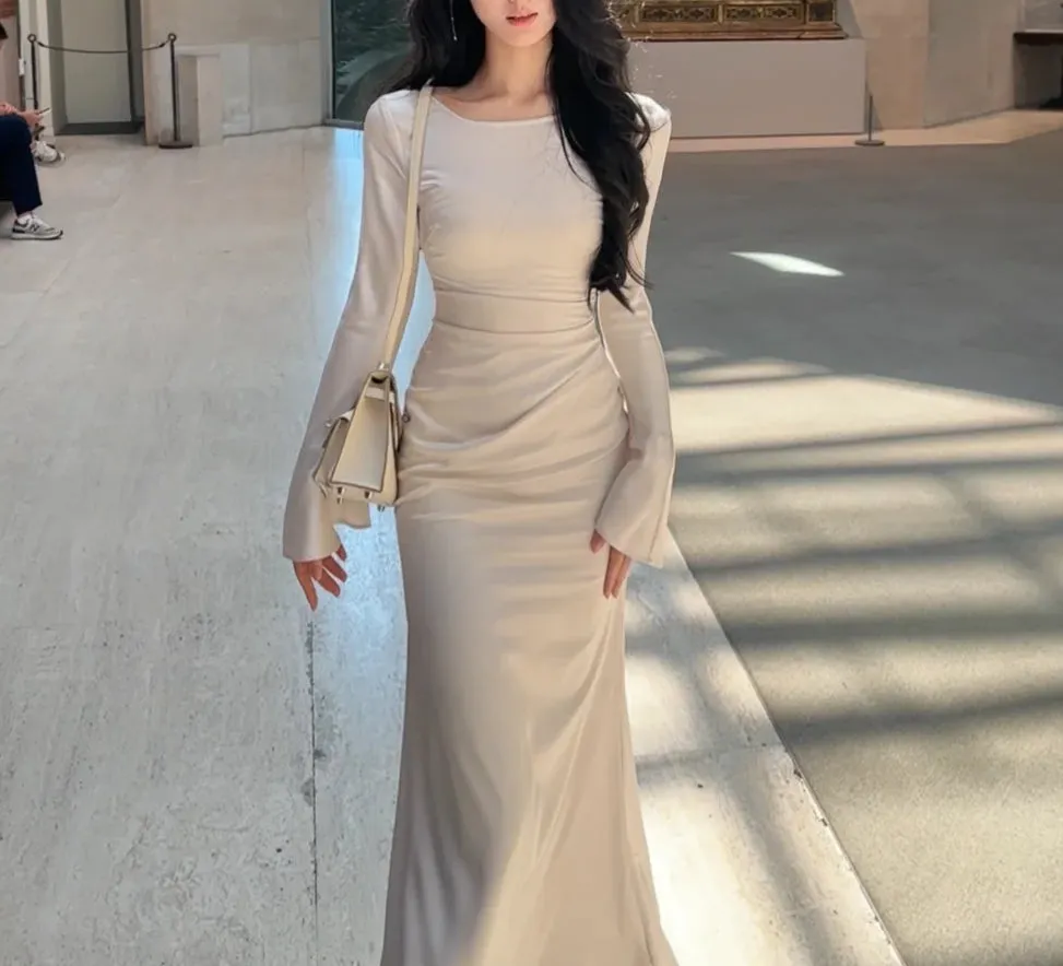 Flytonn- Bell Sleeve Ruched Satin Mermaid Dress
