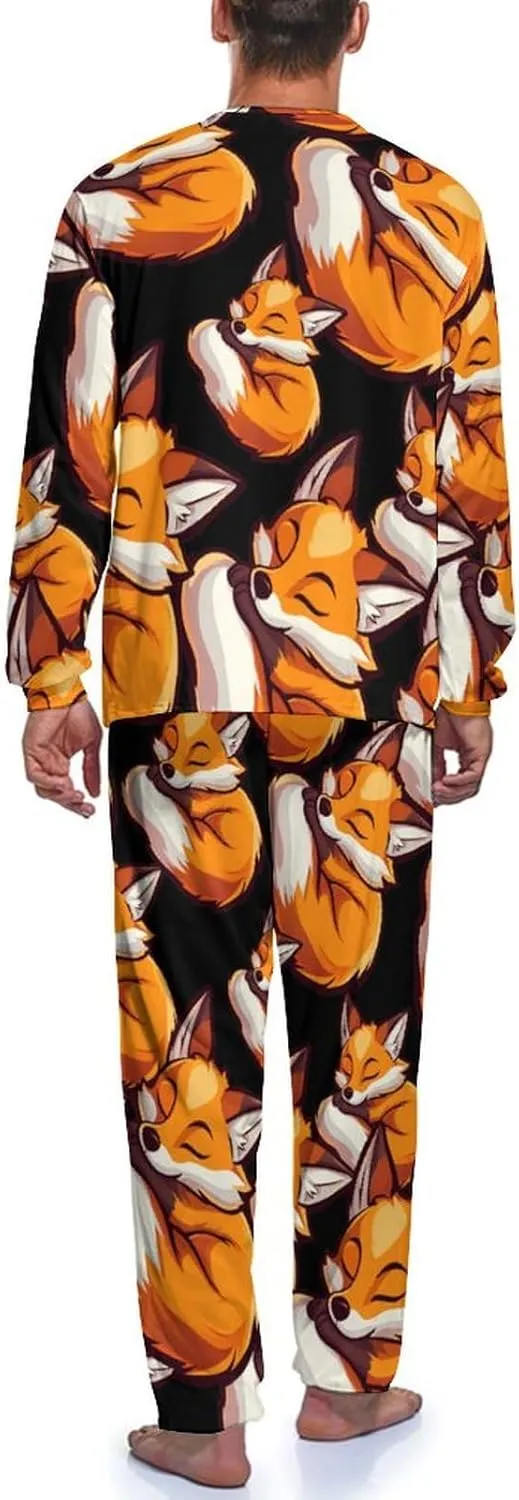 Fox Sleeping Print Mens Pajamas Set Long Sleeves Sleepwear Loungewear PJ Set Lounge Set Sleep Set