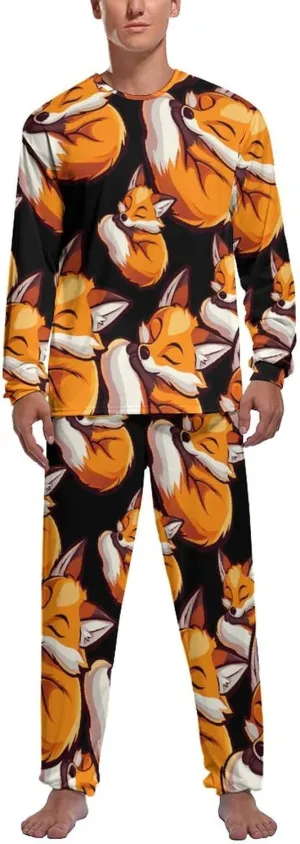 Fox Sleeping Print Mens Pajamas Set Long Sleeves Sleepwear Loungewear PJ Set Lounge Set Sleep Set